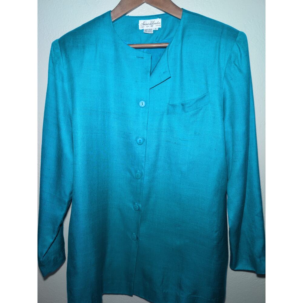 Annees Lauder Paris NY London 100% Silk Turquoise Blazer Midi Skirt‎ Set Large
